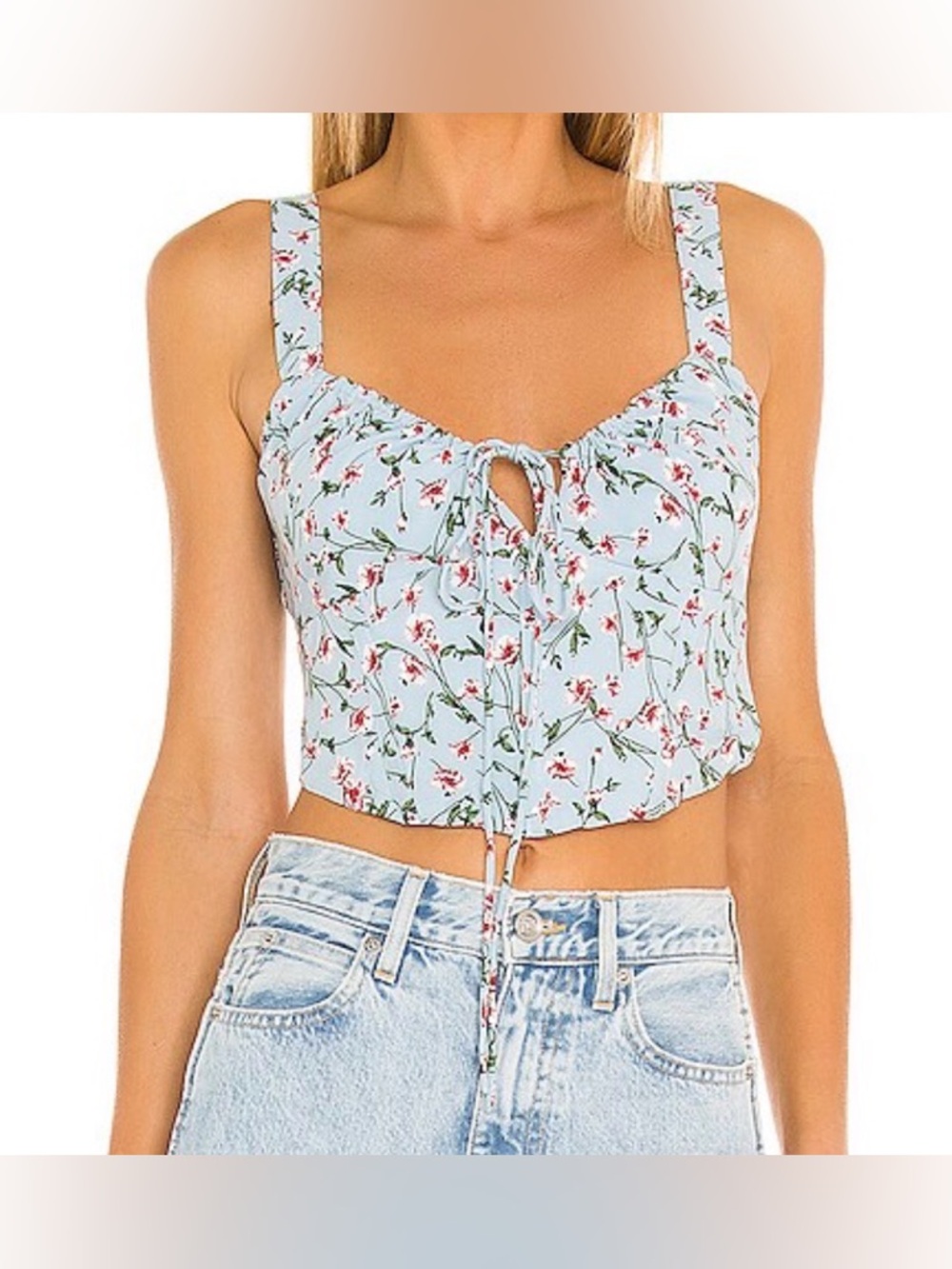 Bardot Light Blue Floral Tie-Front Crop Top